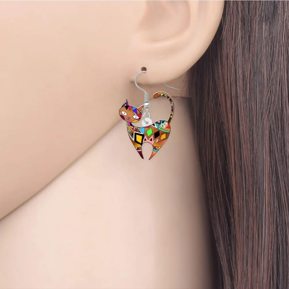Women's jewelry unique multicolored designed cat dangle earrings!